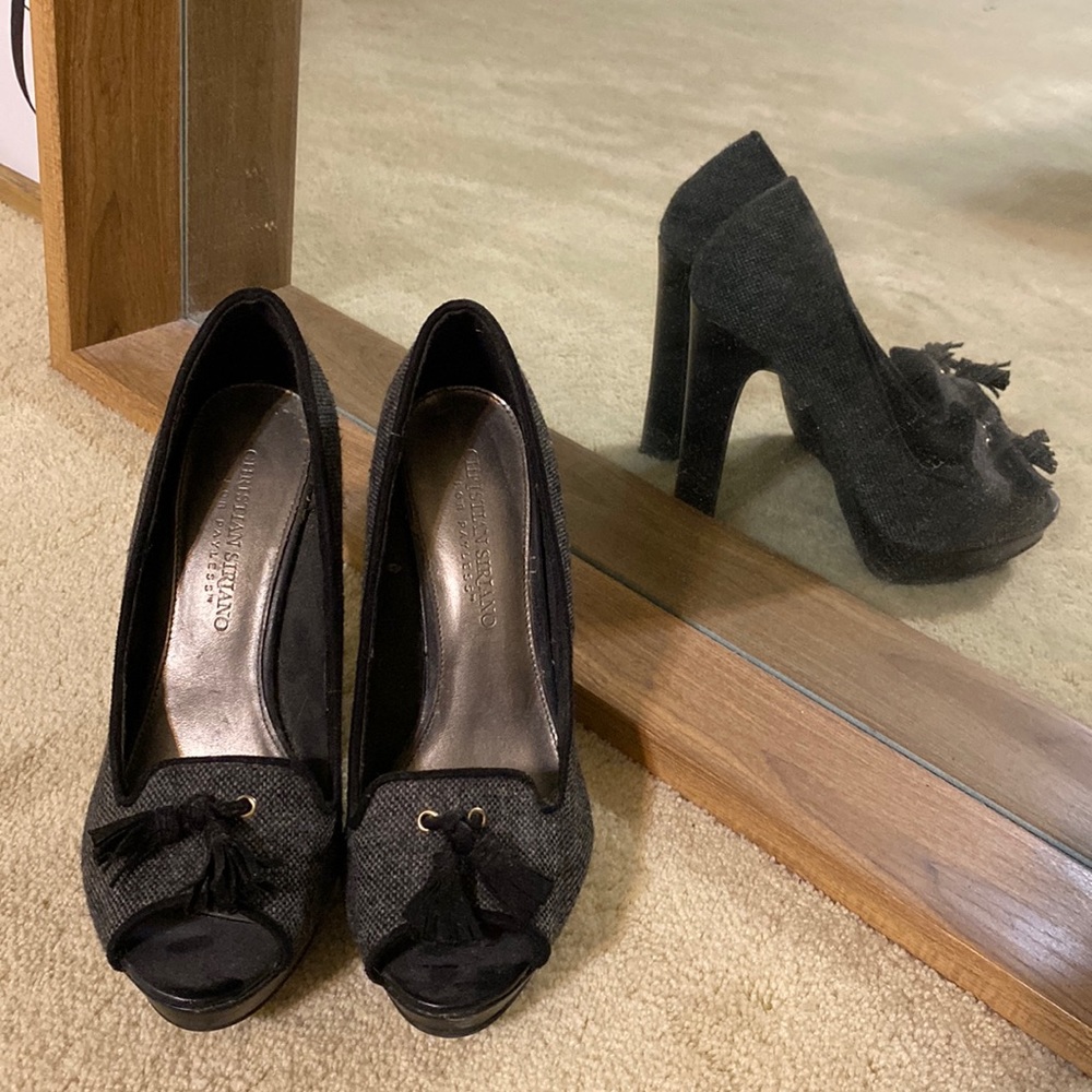 Christian Siriano for Payless Gray tweed heels with black tassels, size 6